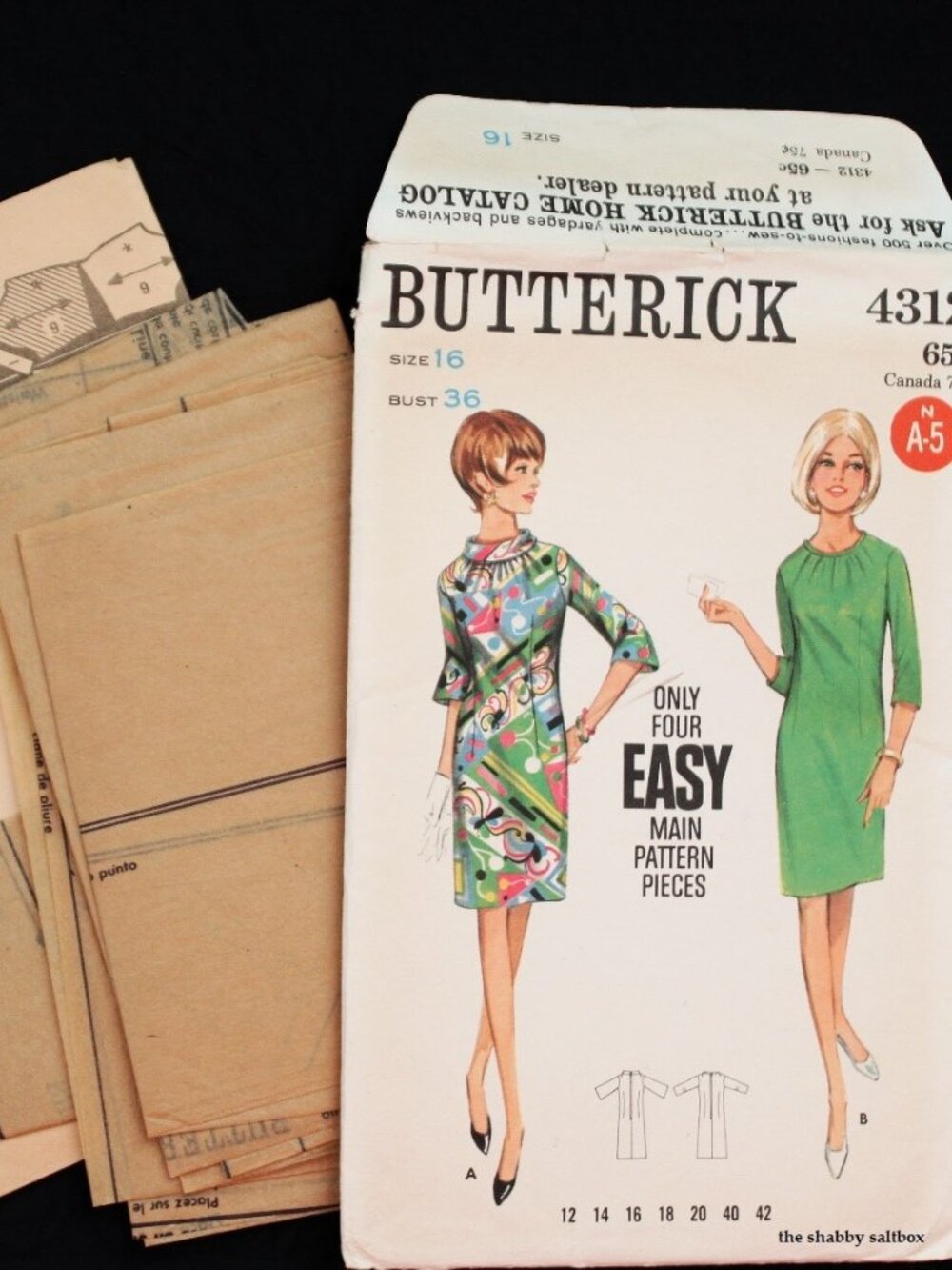 VTG 60s Butterick Sewing Dress Pattern 36B Sz 16 Semi-Fitted Bell Sleeve #4312